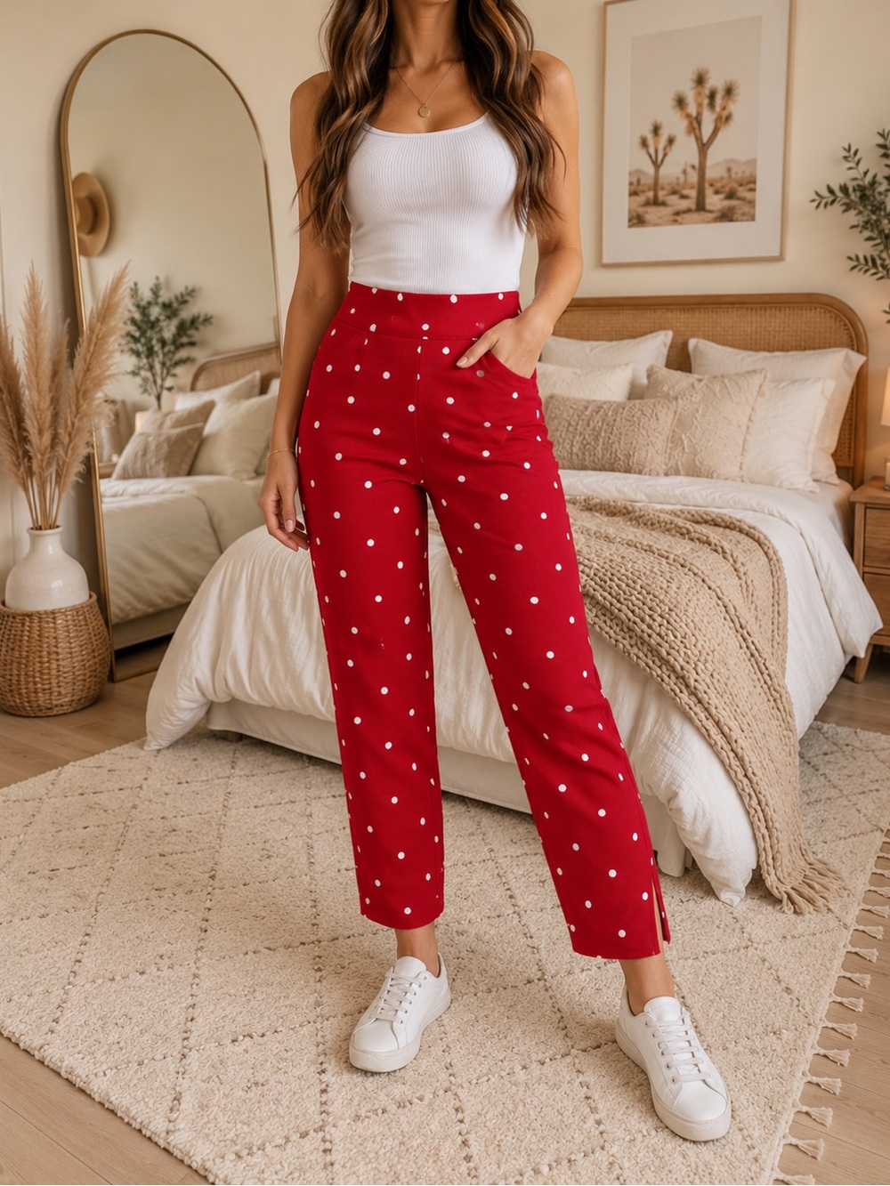 SHEIN Red Polka Dot High-Waist Cropped Pants